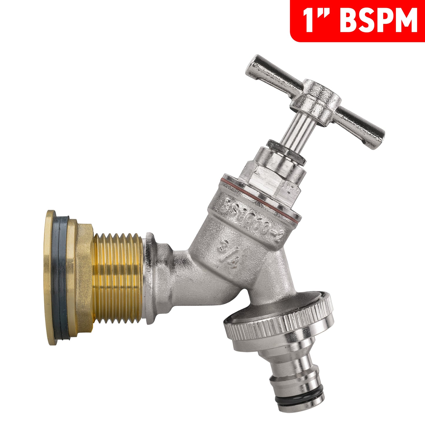 Nickel-plated quick-connect tap with 1" BSPM outlet and brass threaded inlet
