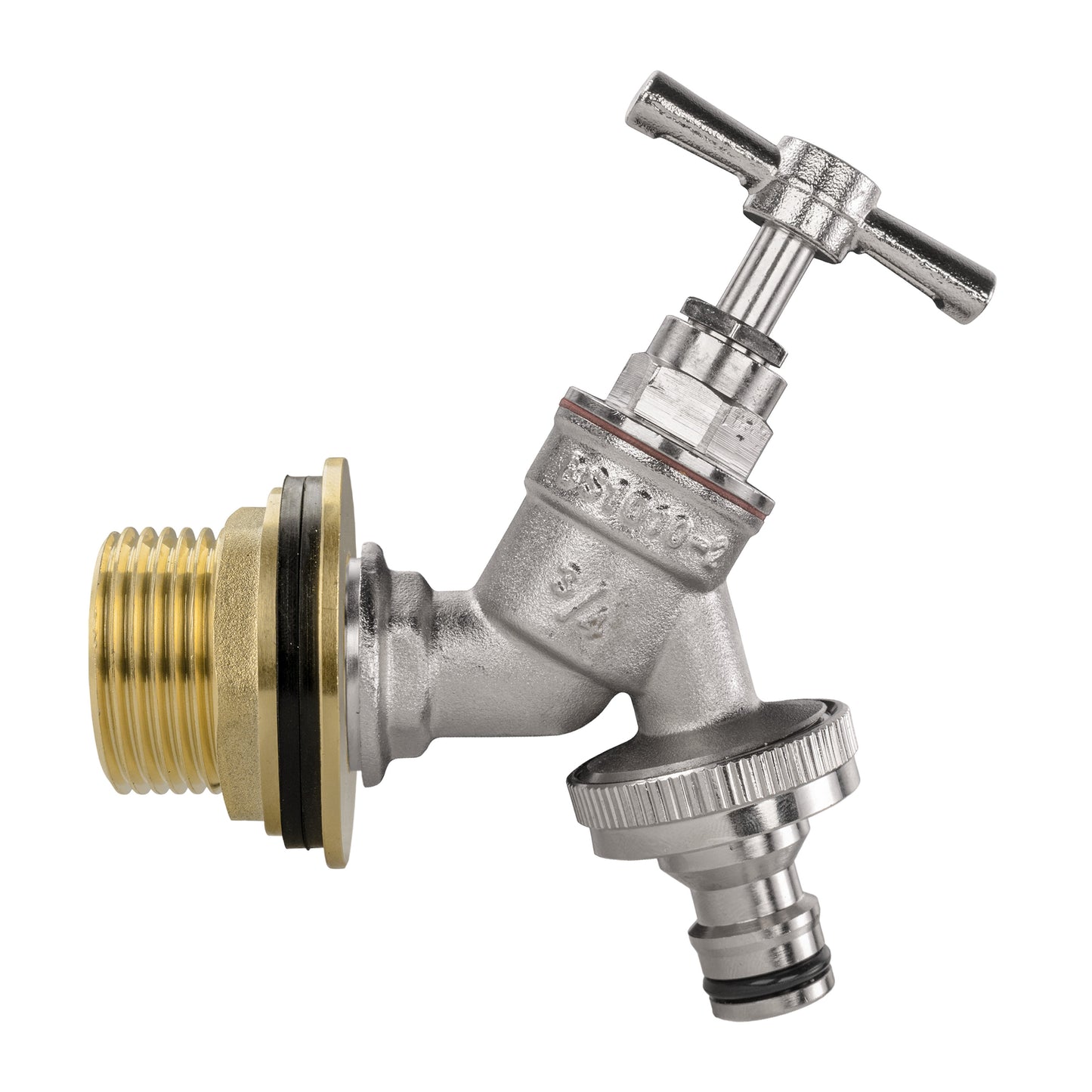 Water butt tap kit: nickel-plated body with brass inlet and quick-connect hose fitting
