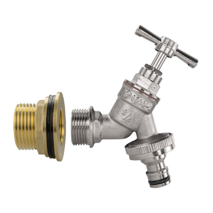 Water butt tap fitting with brass male thread, nickel-plated body, and quick-connect