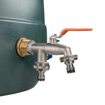 Water butt brass tap kit on tank inlet with orange lever and quick-connect outlets
