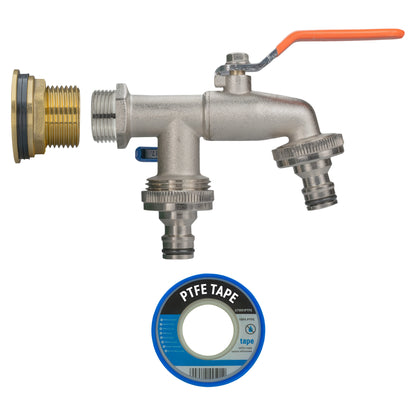 Water butt brass tap kit with double quick-connect outlets and PTFE tape included
