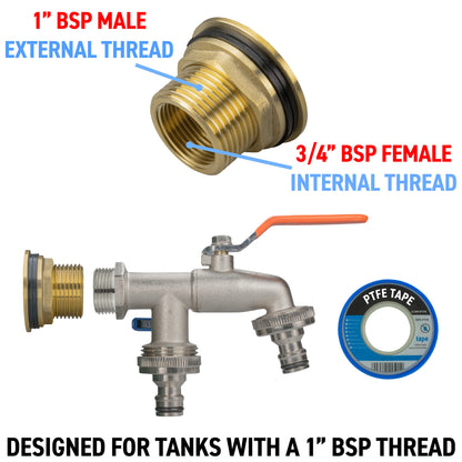 Water butt tap fitting showing 1" BSP male external thread and 3/4" BSP female internal thread