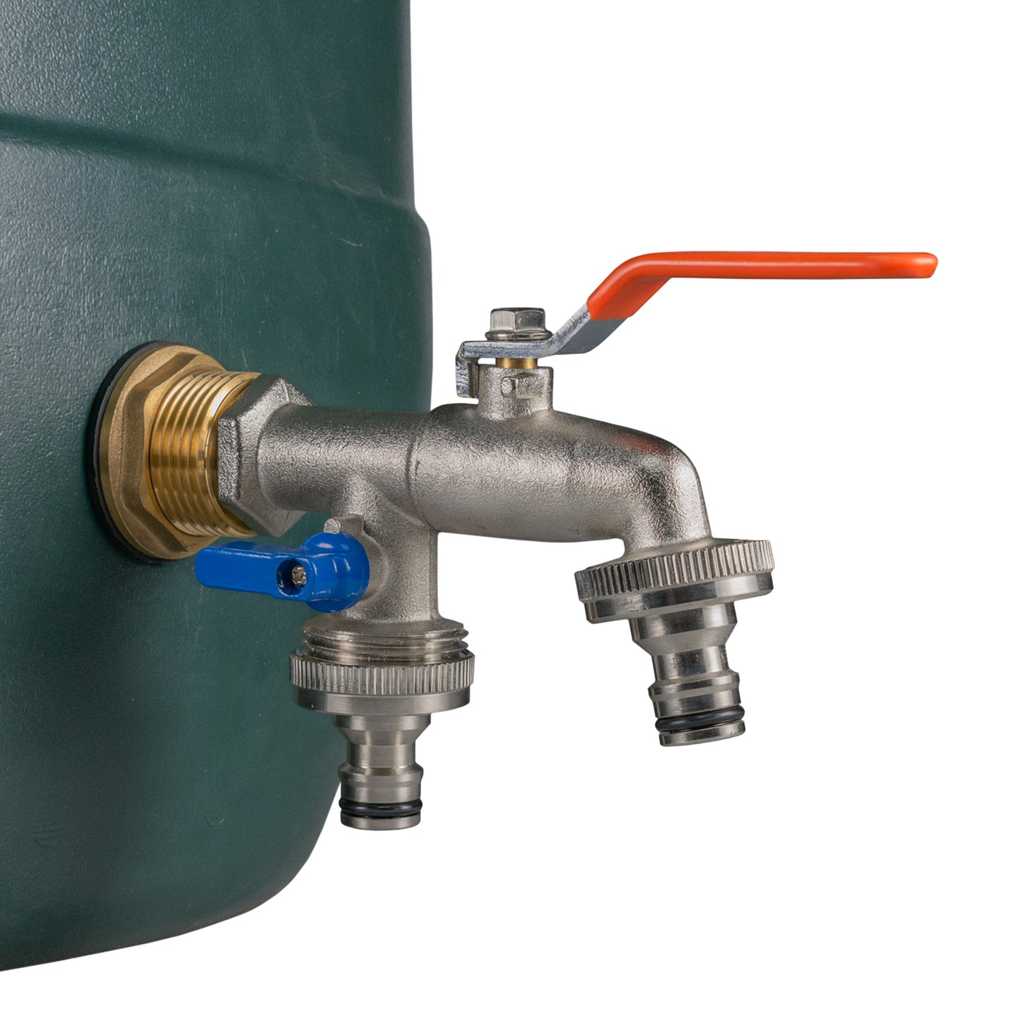 Water butt brass tap kit connected to a tank with orange lever and quick-connect spout