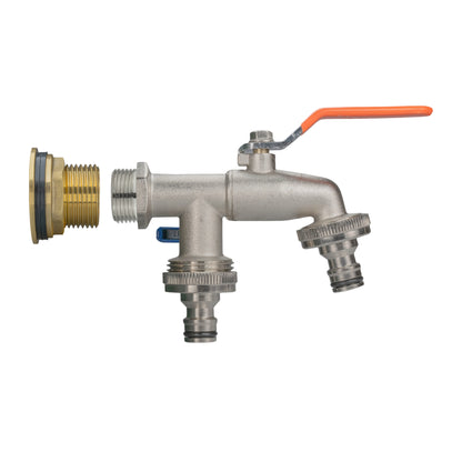 Water butt brass tap kit with orange lever and double quick-connect fittings