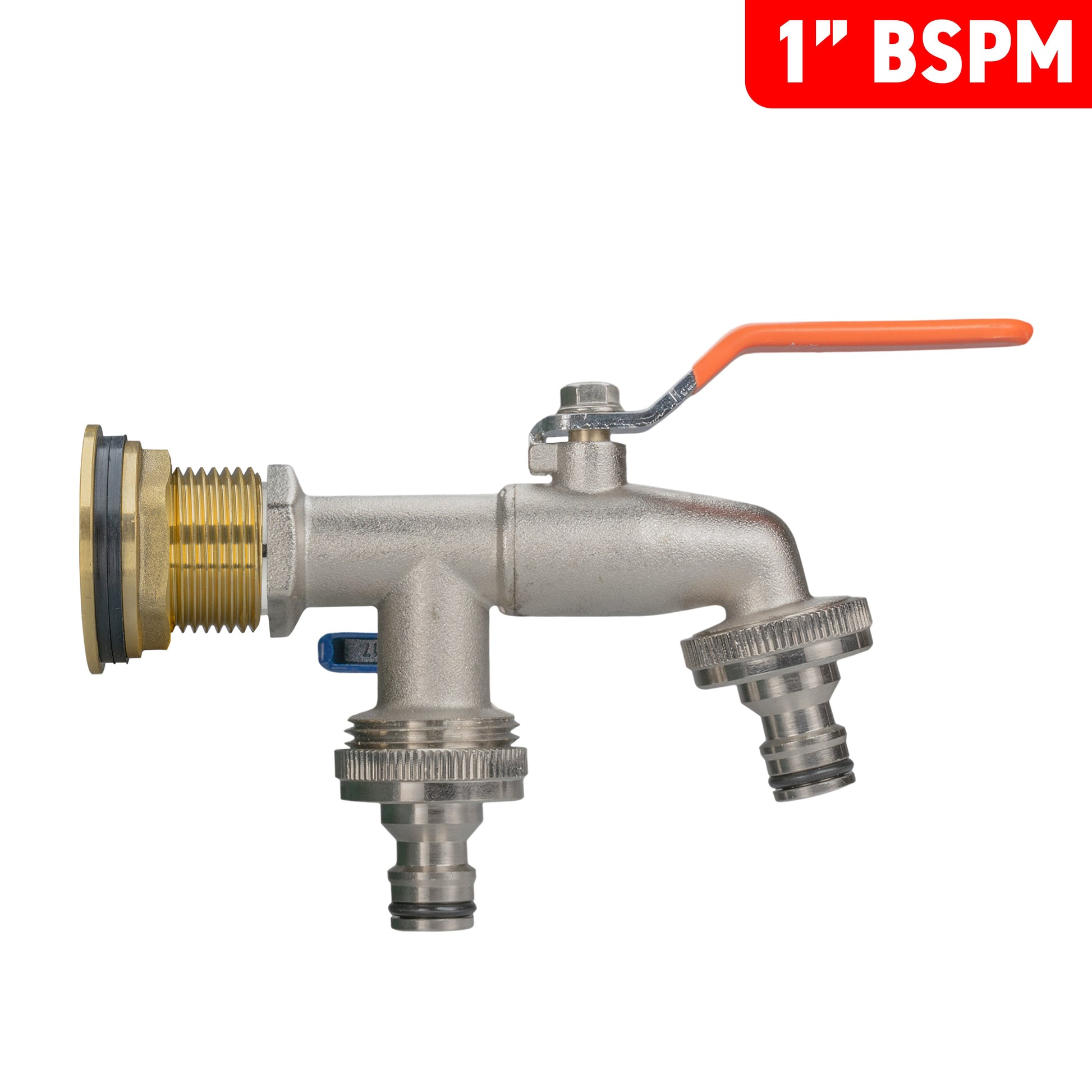 Water butt brass tap kit with 1" BSPM inlet and double quick-connect outlets