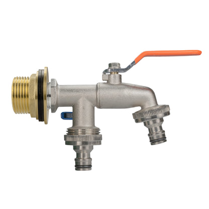 Water butt brass tap kit with two quick-connect taps and orange lever