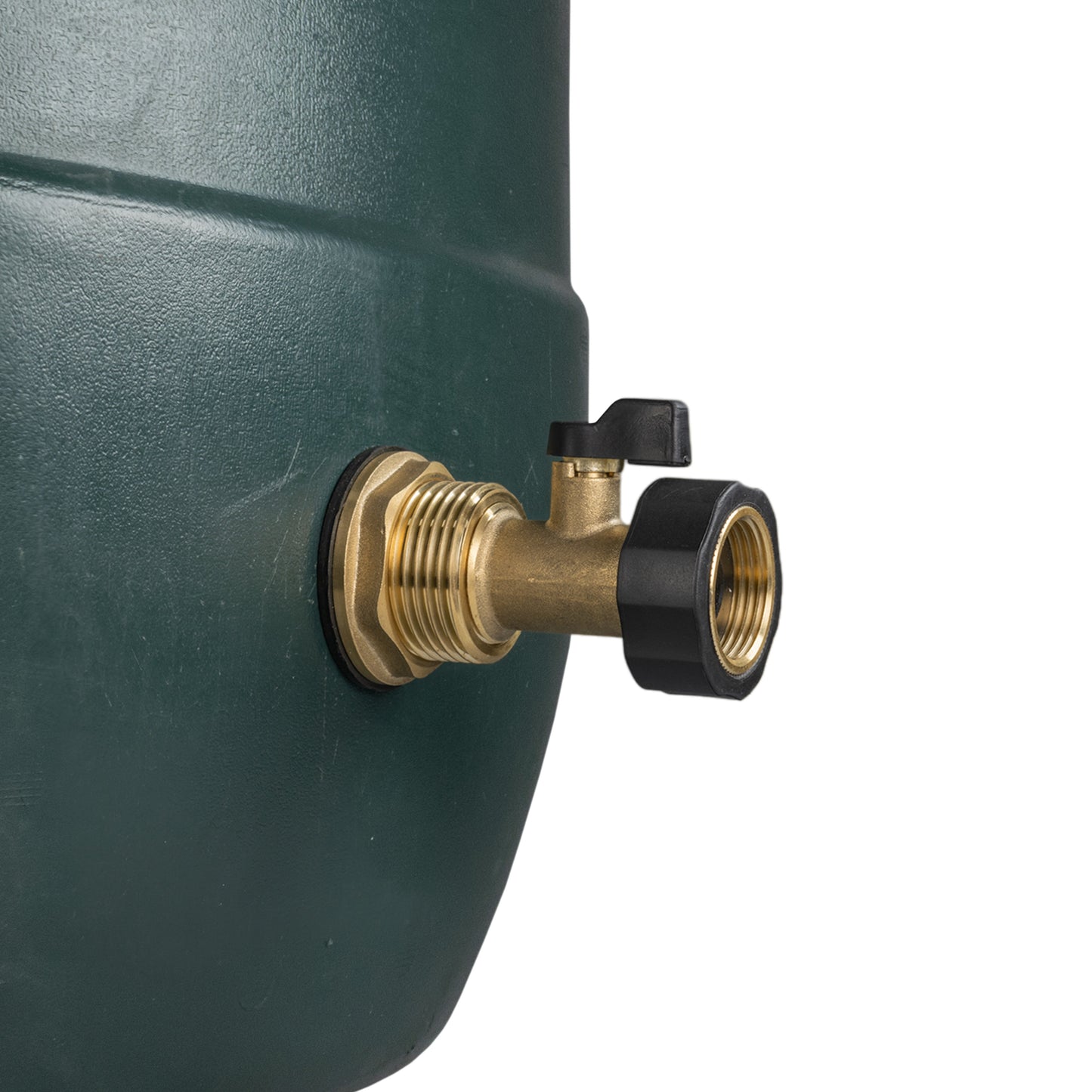 Brass water butt valve with black tap handle, shown mounted on tank