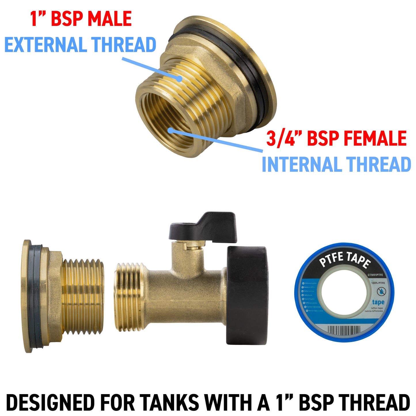 Brass 1" BSP male to 3/4" BSP female valve adaptor, external/internal threads