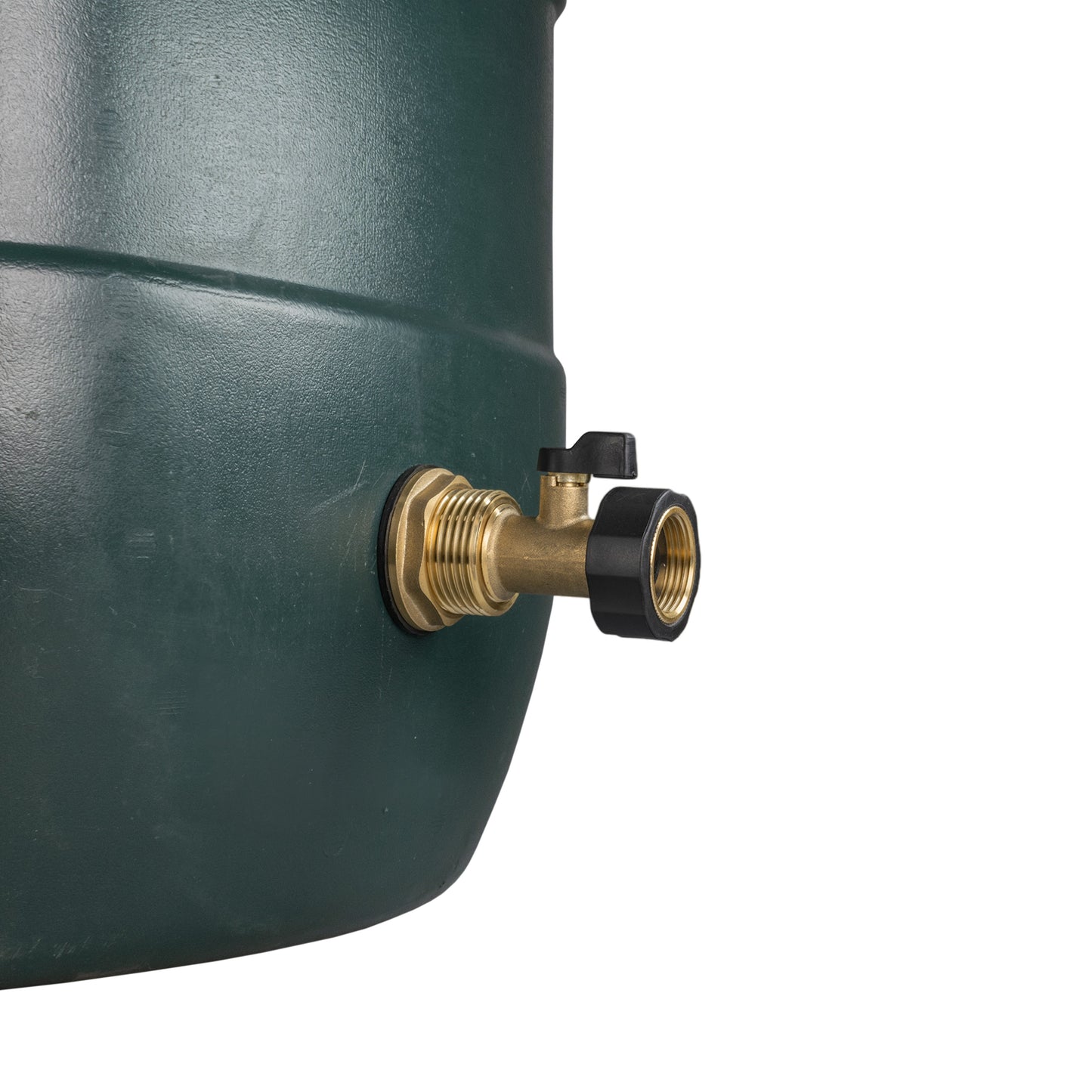 Brass 1" BSP valve on tank wall with black outlet fitting