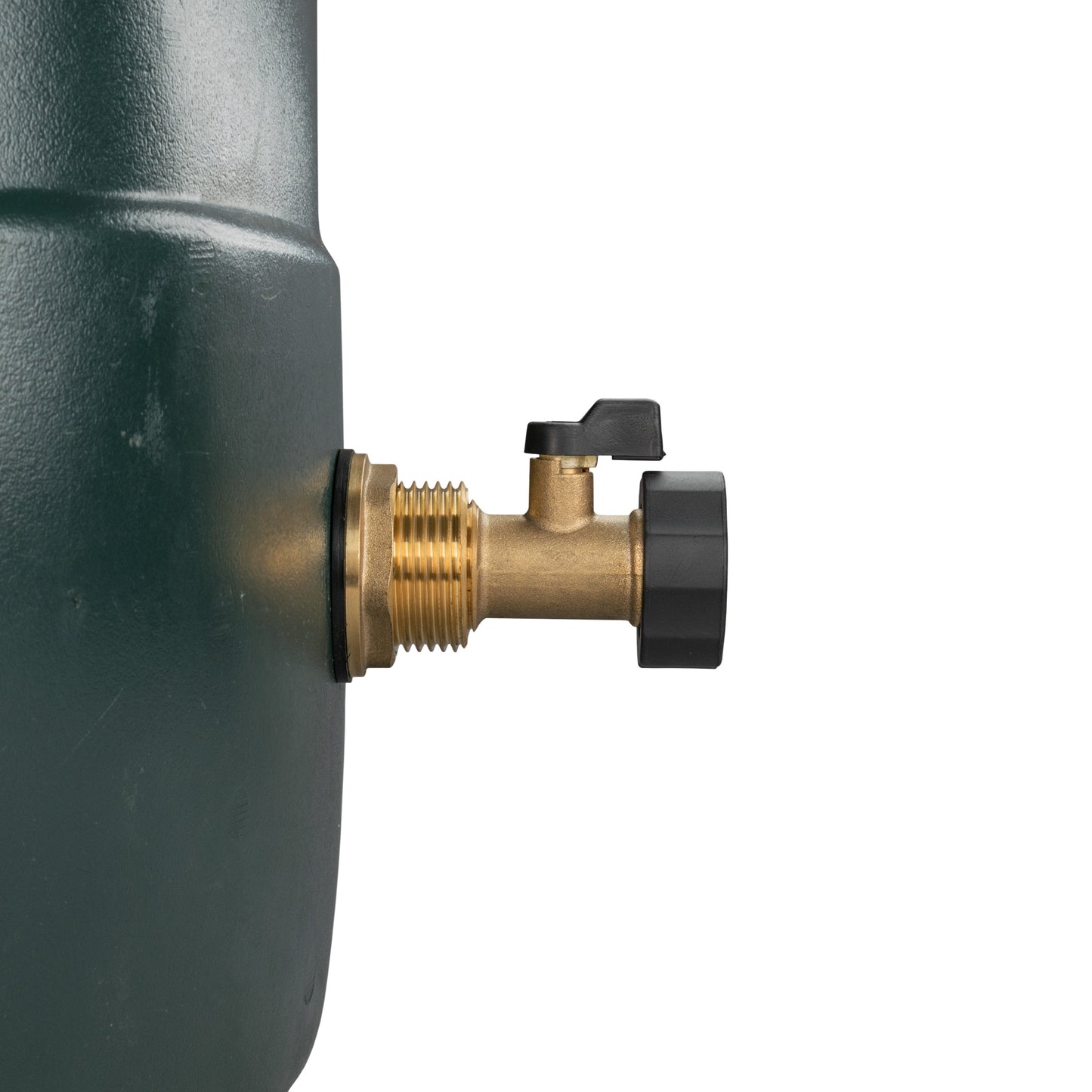 Brass water butt valve on tank with black handle and male-thread connector