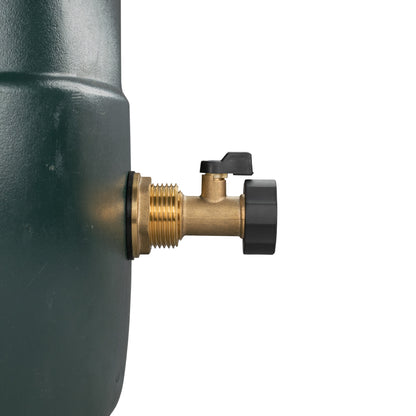 Brass water butt valve on tank with black handle and male-thread connector