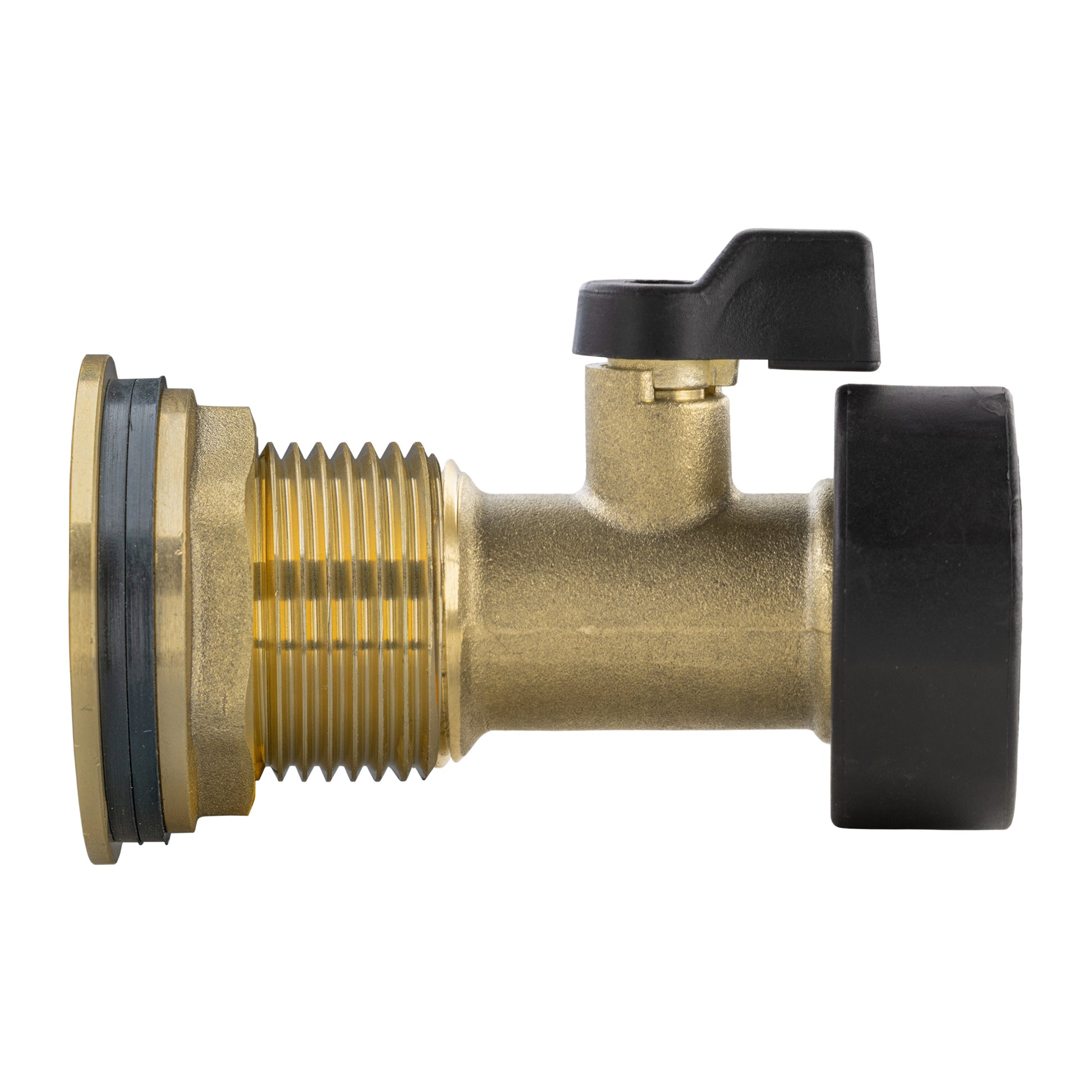 1" Brass water butt valve kit with black handle and threaded inlet adapter