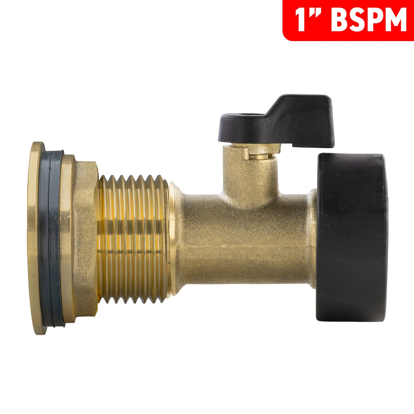 1" BSPM brass valve fitting with black handle and threaded coupling