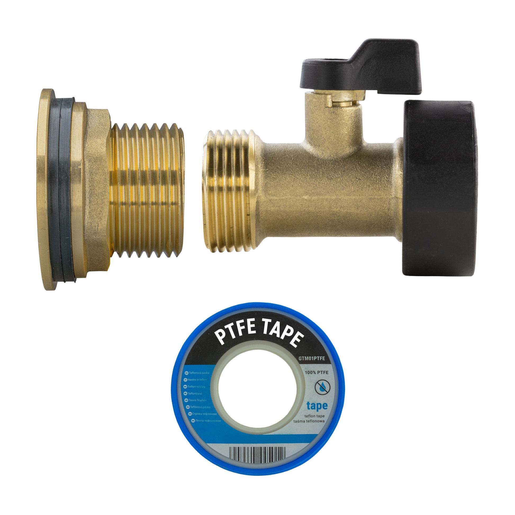 Brass valve fitting with black handle and PTFE tape reel included
