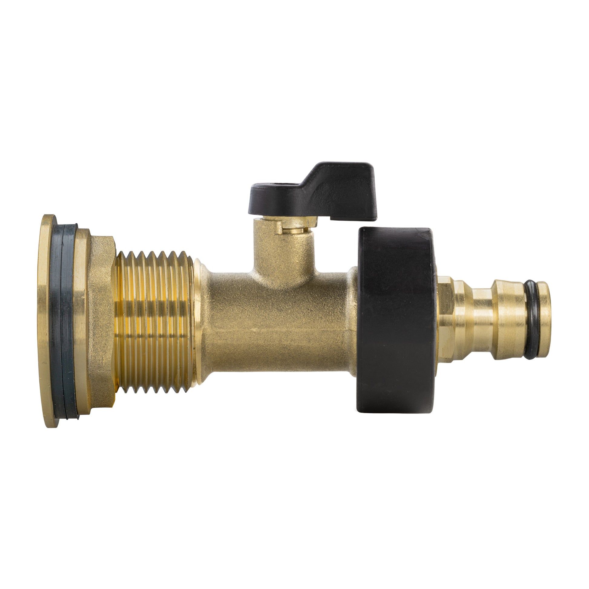 Brass water butt valve kit with 1 inch BSP inlet and quick-connect fitting