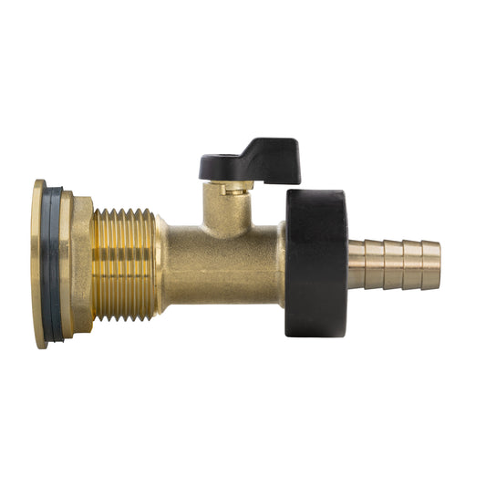Brass water butt tap kit, 1" BSP male thread, black lever valve, 13mm barb outlet