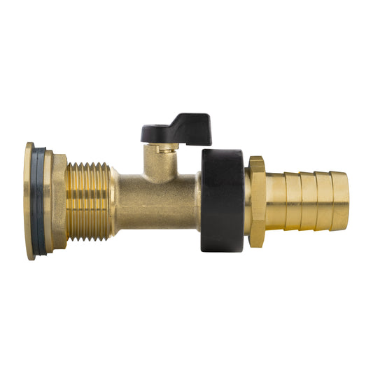 Brass water butt valve kit with 1" BSP thread and 19mm barbed outlet