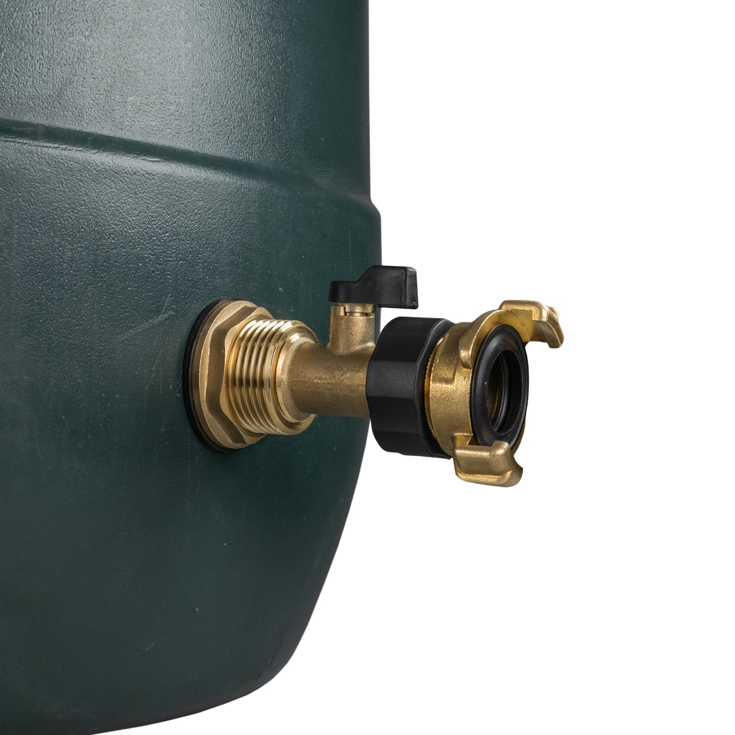 Brass water butt tap kit 1" with threaded fittings and black valve handle, Geka-style