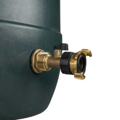 Brass water butt tap kit 1" with threaded fittings and black valve handle, Geka-style