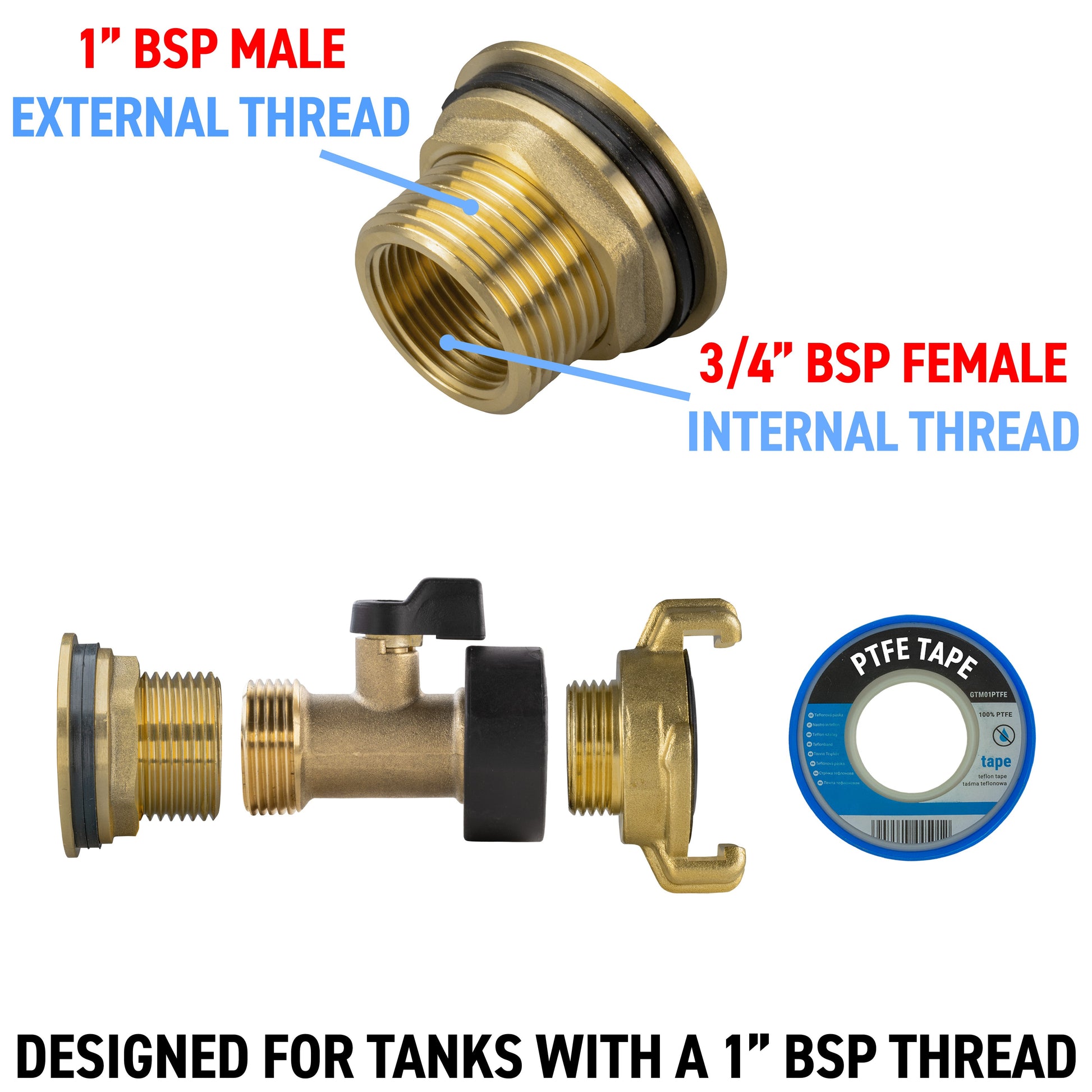 Water butt tap adapter showing 1" BSP male to 3/4" BSP female threads and PTFE sealing