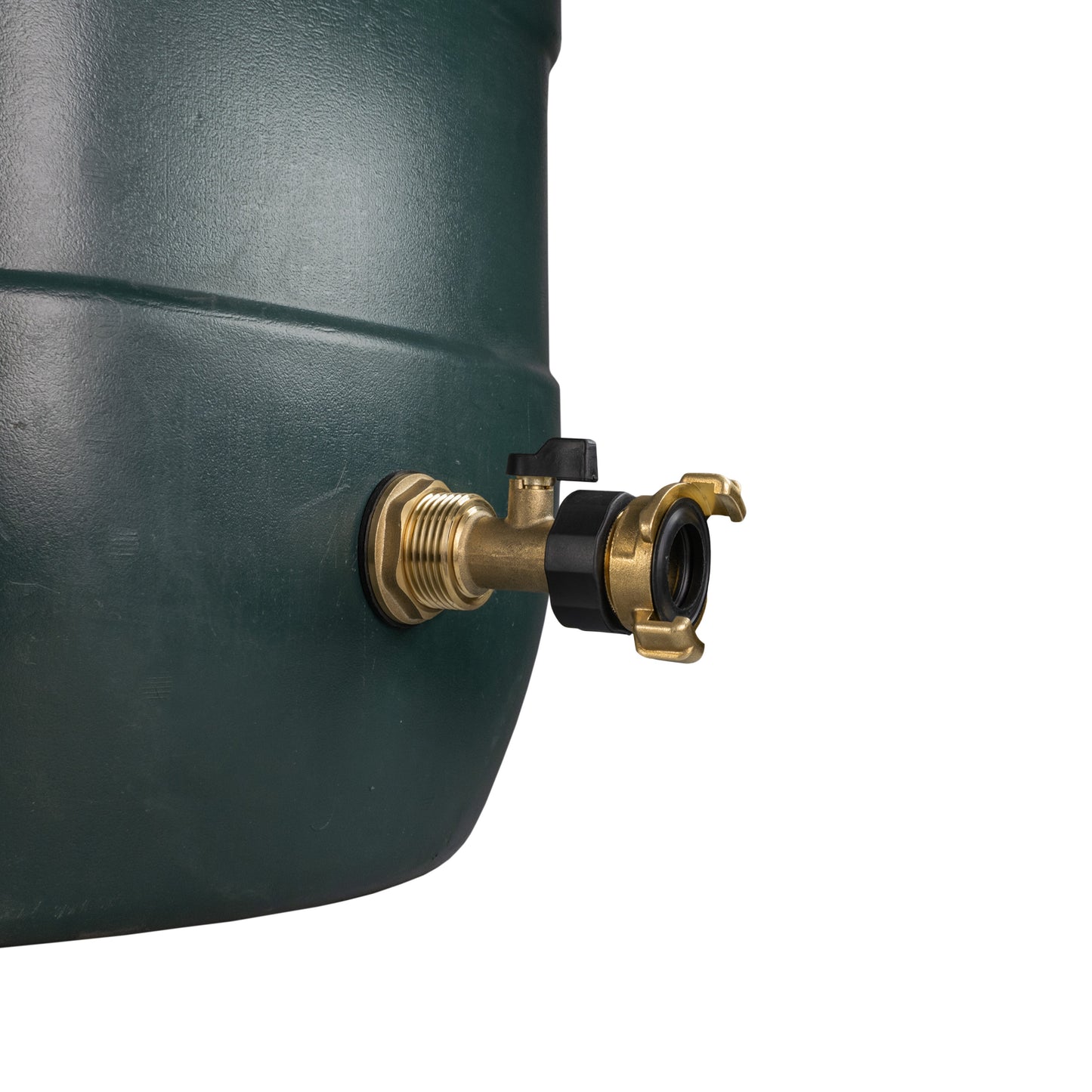 Brass water butt tap kit 1" installed on a tank wall with black handle and brass outlet