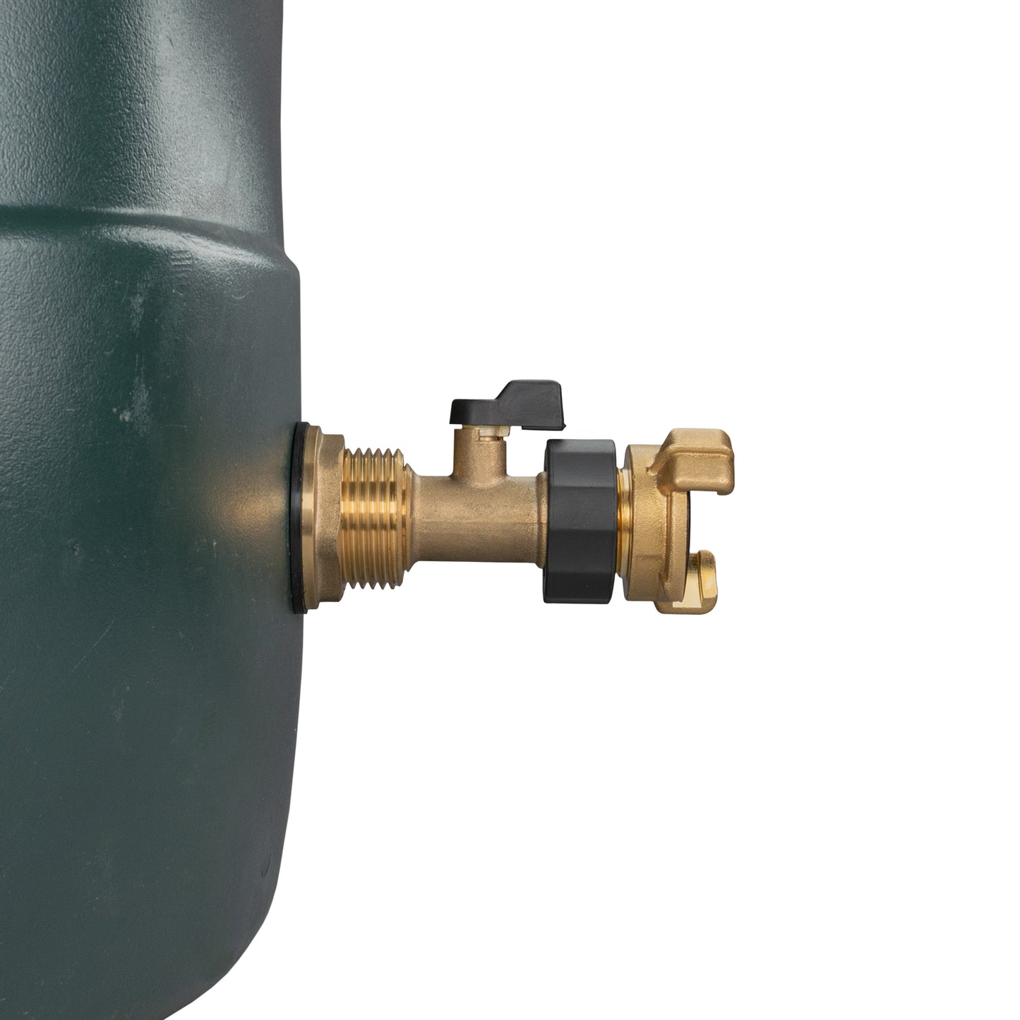Brass water butt tap kit 1" with tank-mounted threaded inlet and Geka-style brass connector