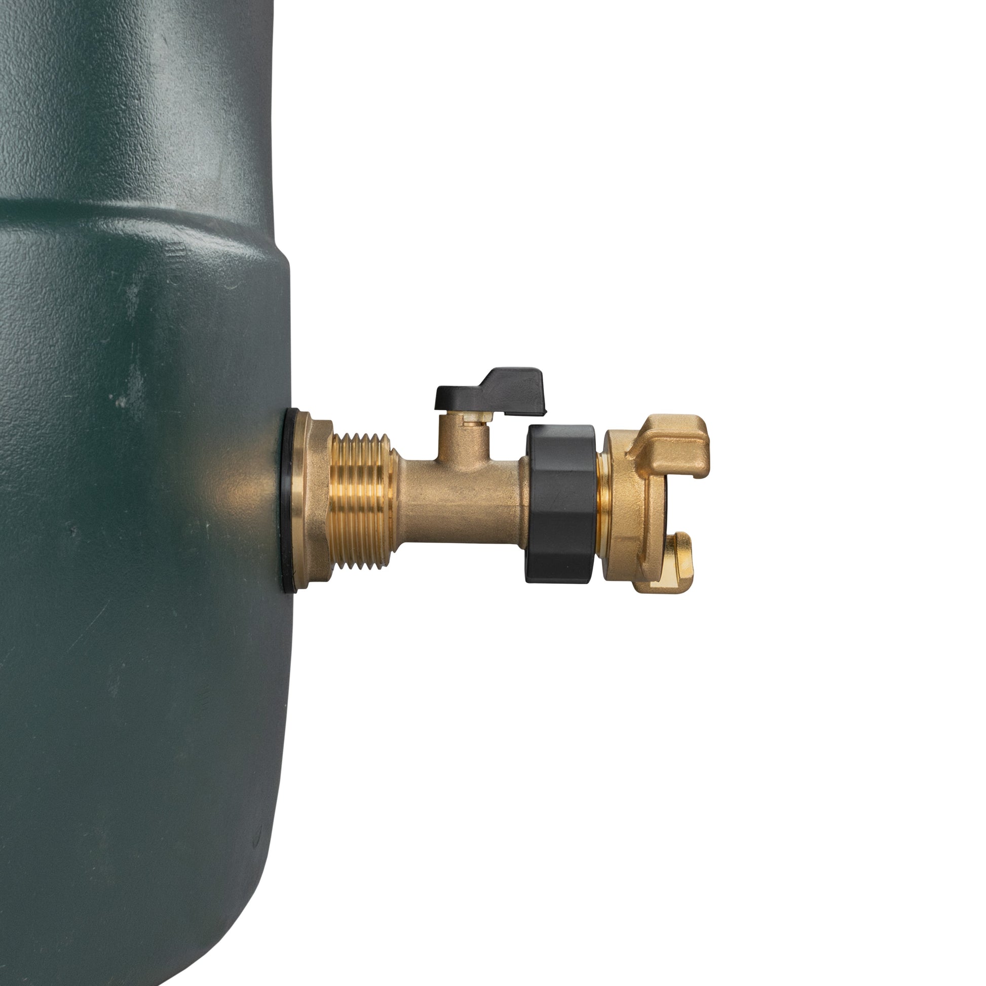 Brass water butt tap kit 1" with tank-mounted threaded inlet and Geka-style brass connector