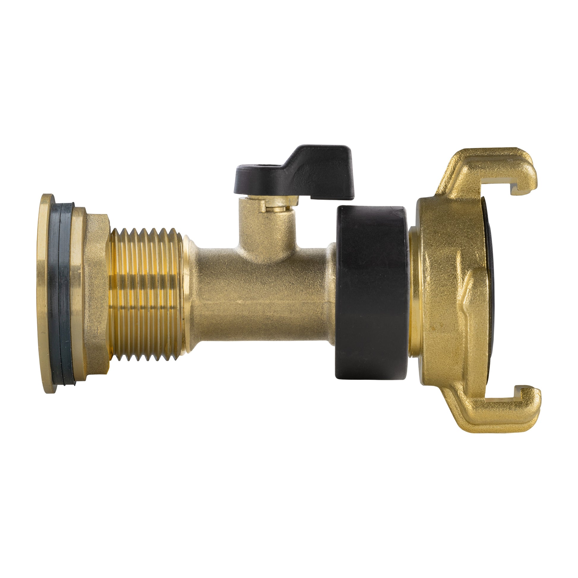 Brass water butt tap kit 1" with brass valve, black handle, threaded inlet and outlet