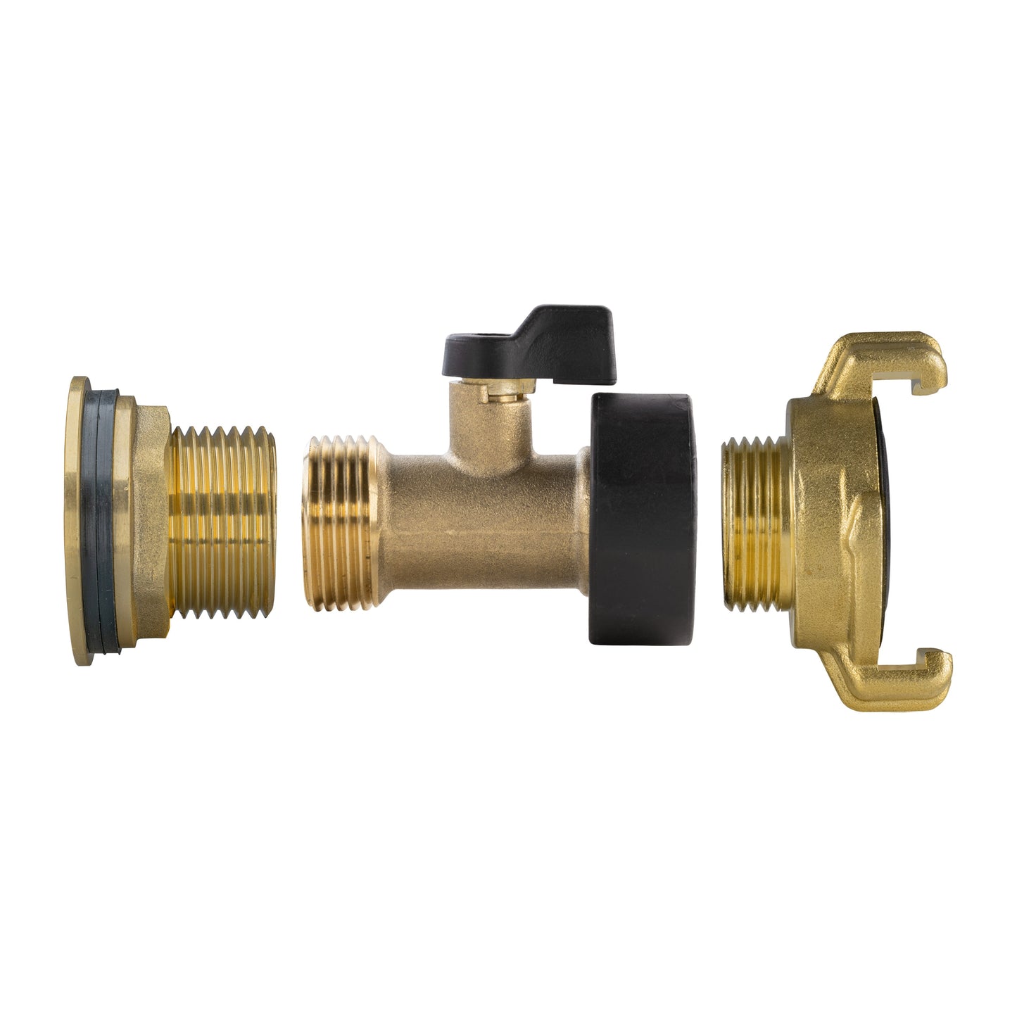 Brass water butt tap kit 1" with black handle, two brass threaded ports, and valve body