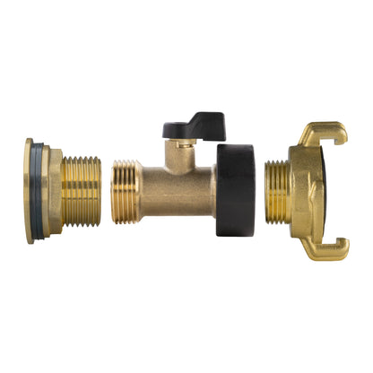Brass water butt tap kit 1" with black handle, two brass threaded ports, and valve body