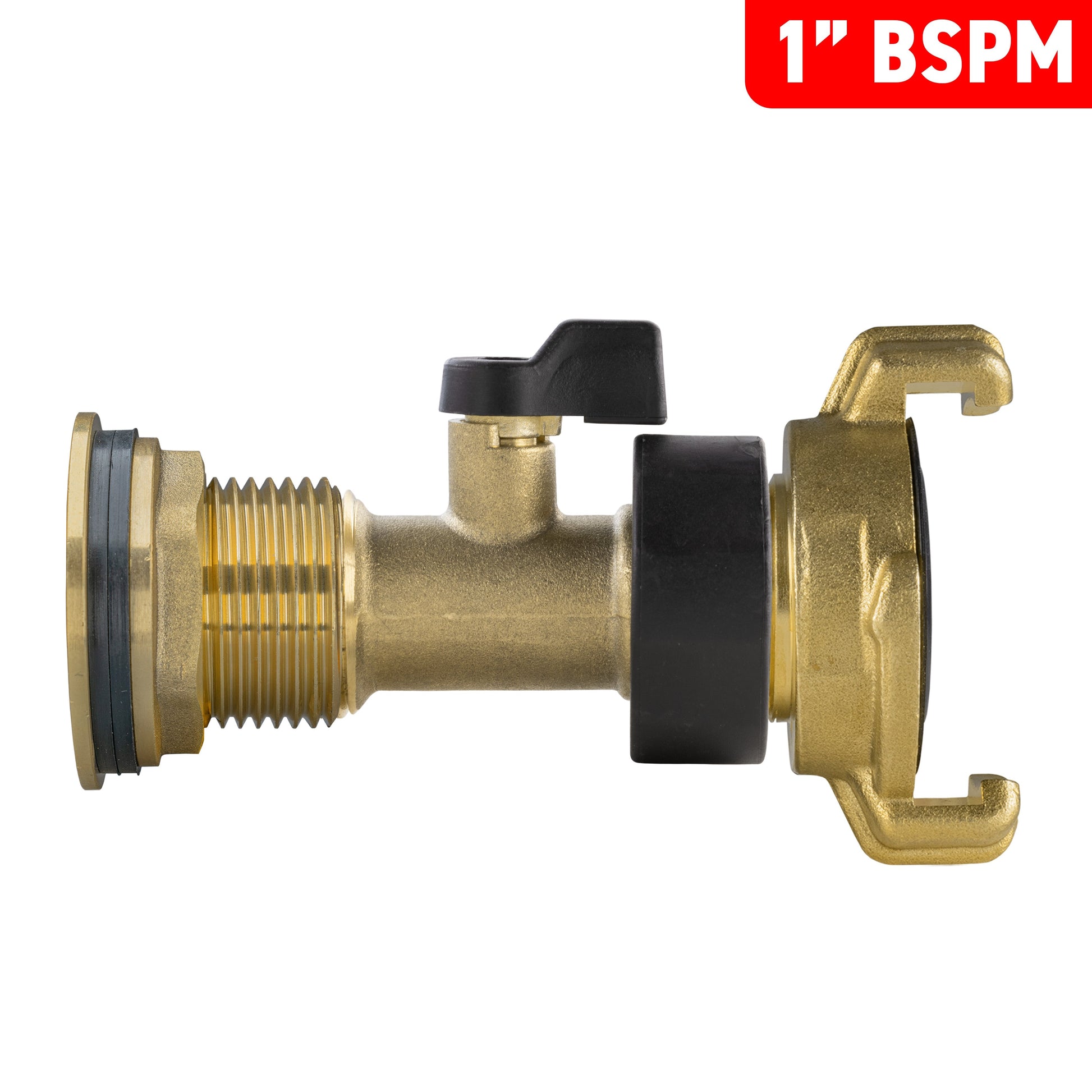 Water butt brass tap kit 1" with brass valve, black handle, and dual threaded ends