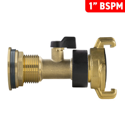 Water butt brass tap kit 1" with brass valve, black handle, and dual threaded ends