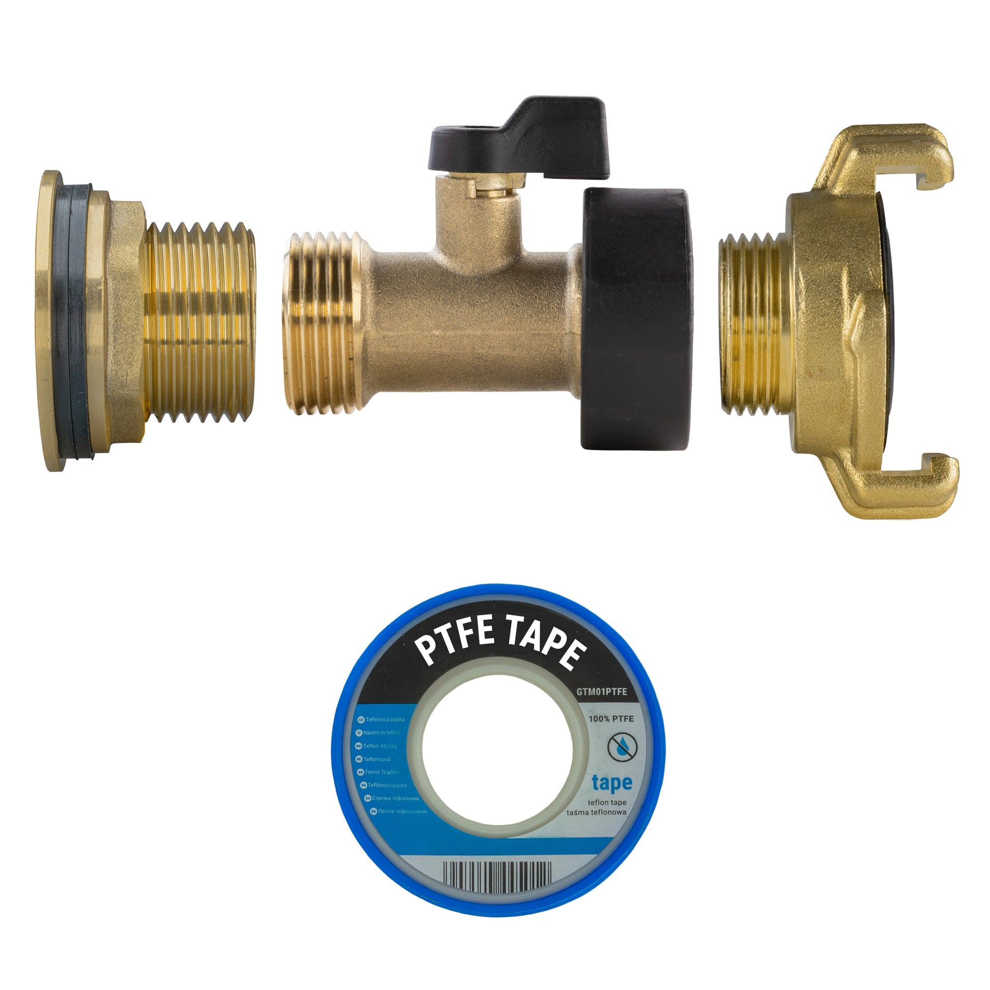 Brass water butt tap kit 1" with PTFE tape included, black valve handle, threaded ports