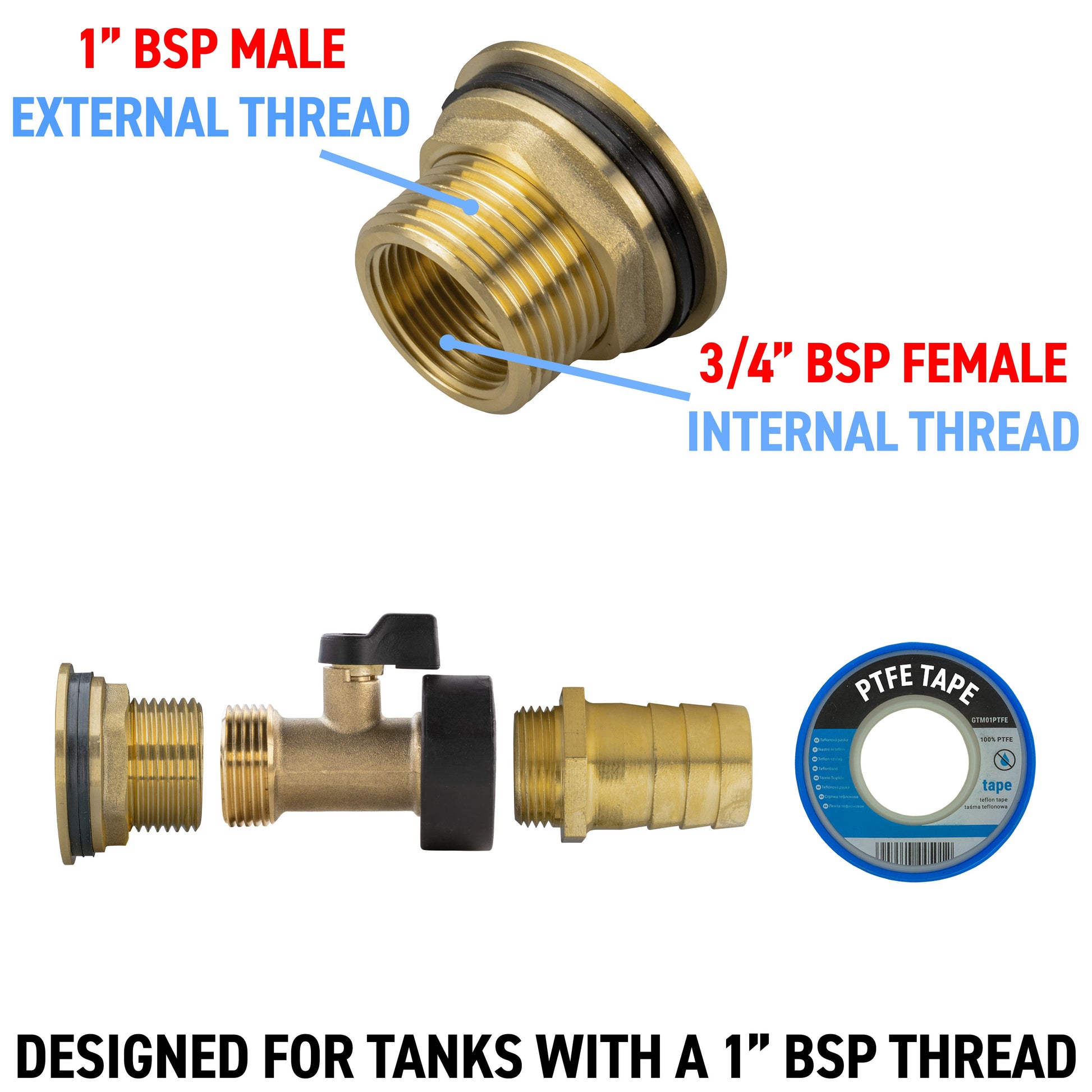 Threaded water butt connector showing 1" BSP male and 3/4" BSP female