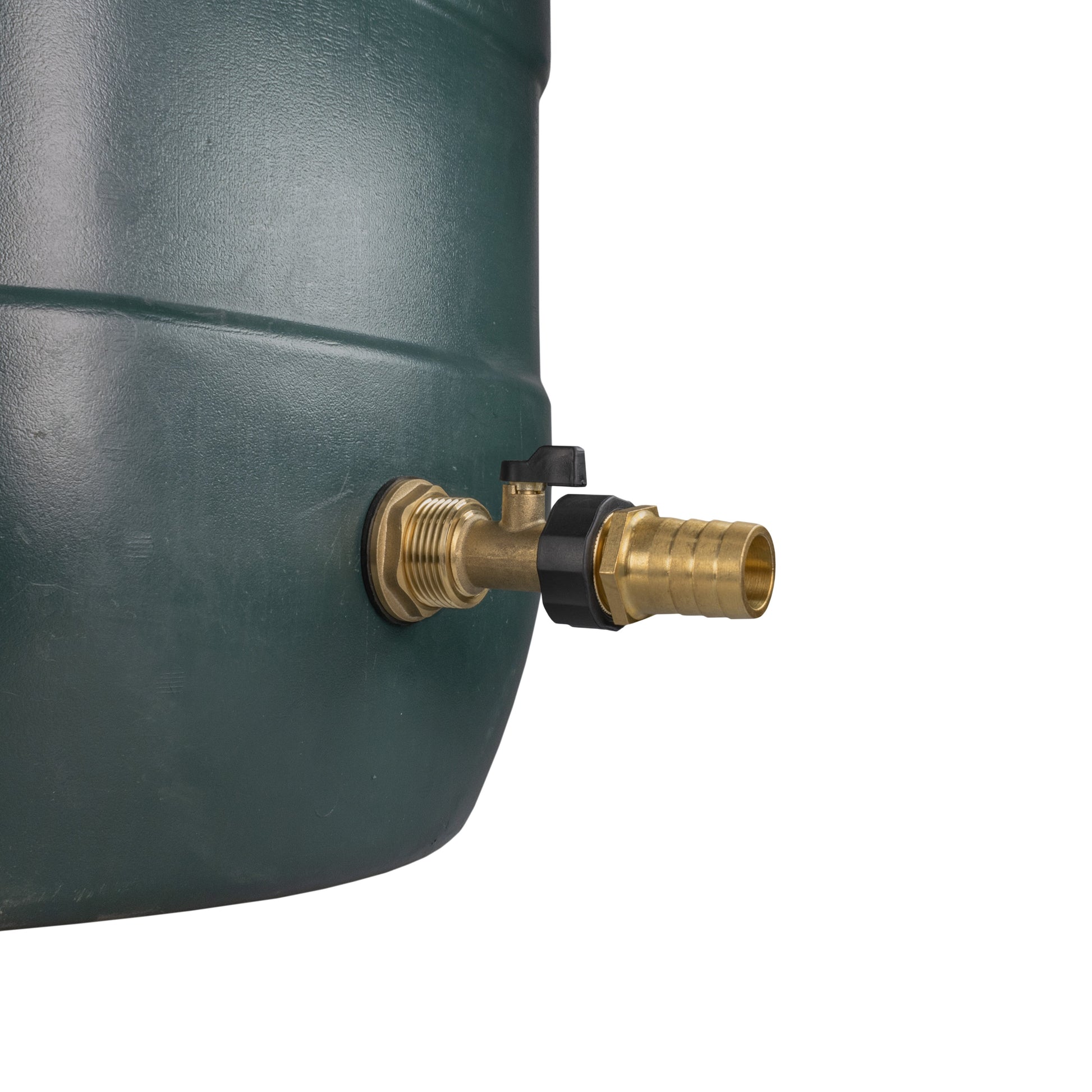 Brass water butt tap outlet with 25mm barb connected through washer to tank