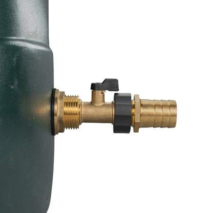 Brass valve with black lever and 25mm barbed hose connector for water butt