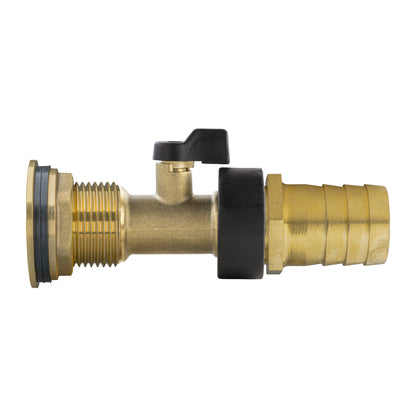 Brass water butt tap valve with 25mm barb fitting and black inlet handle