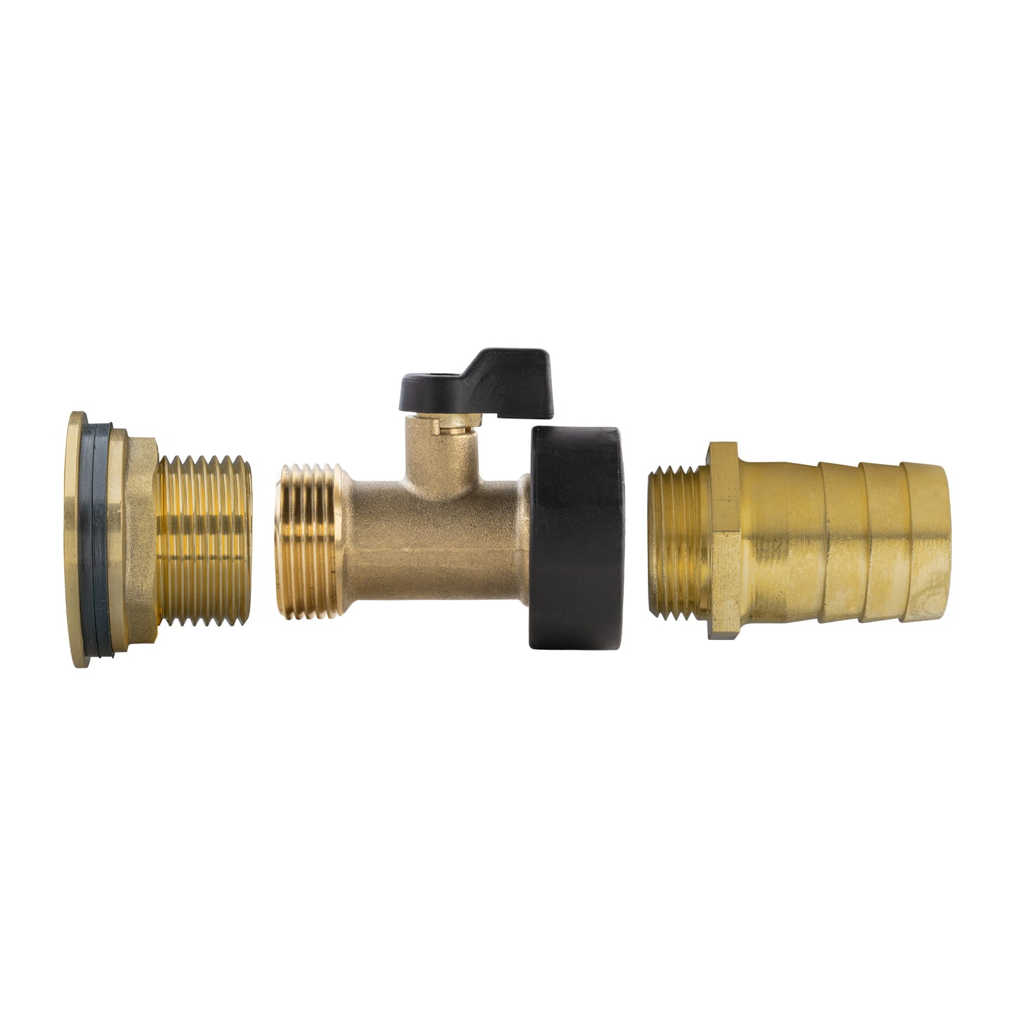 Water butt brass tap kit showing inlet threads, valve body, and 25mm barb