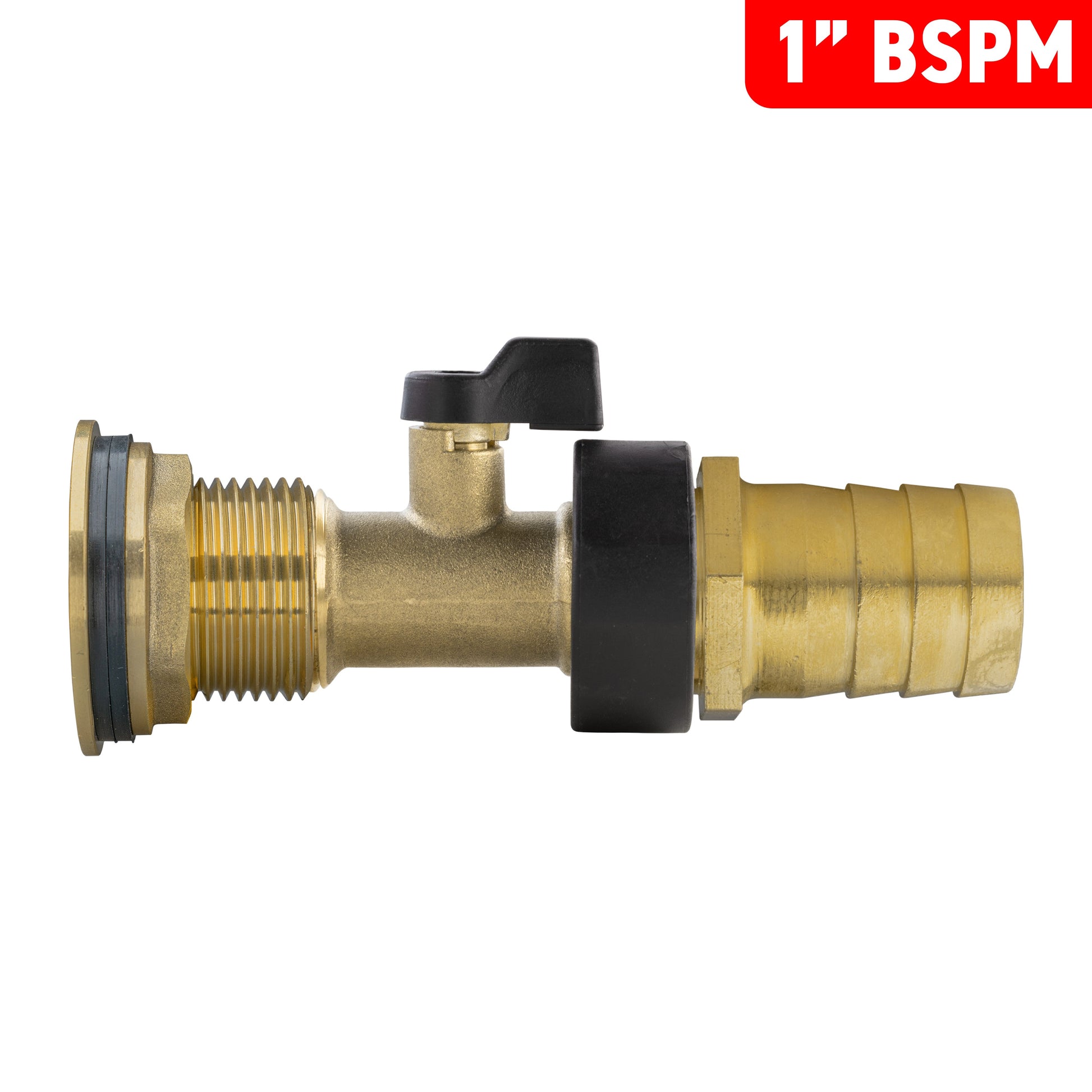 Brass water butt tap kit with 1" BSP male thread and black lever handle