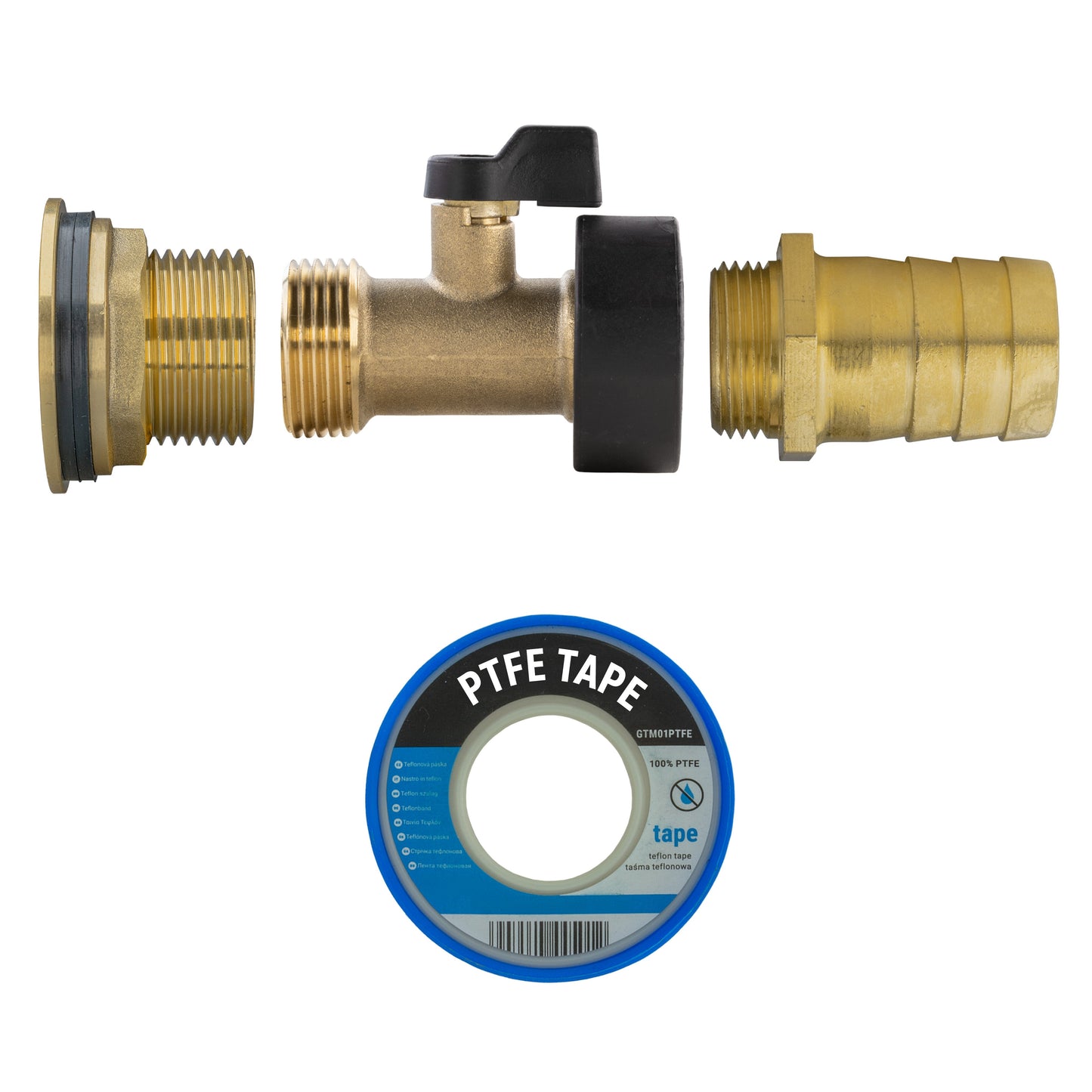 Brass water butt tap with PTFE tape included for sealing the threads