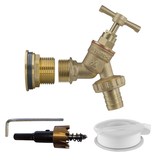 Brass water butt tap kit with 1-inch barbed outlet and lever handle