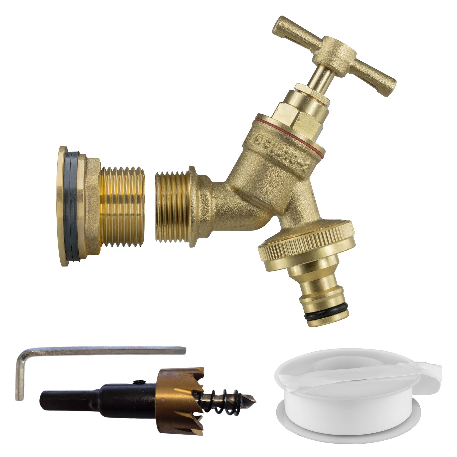 Brass water butt tap kit with 1 inch quick-connect outlet, drill bit and connector