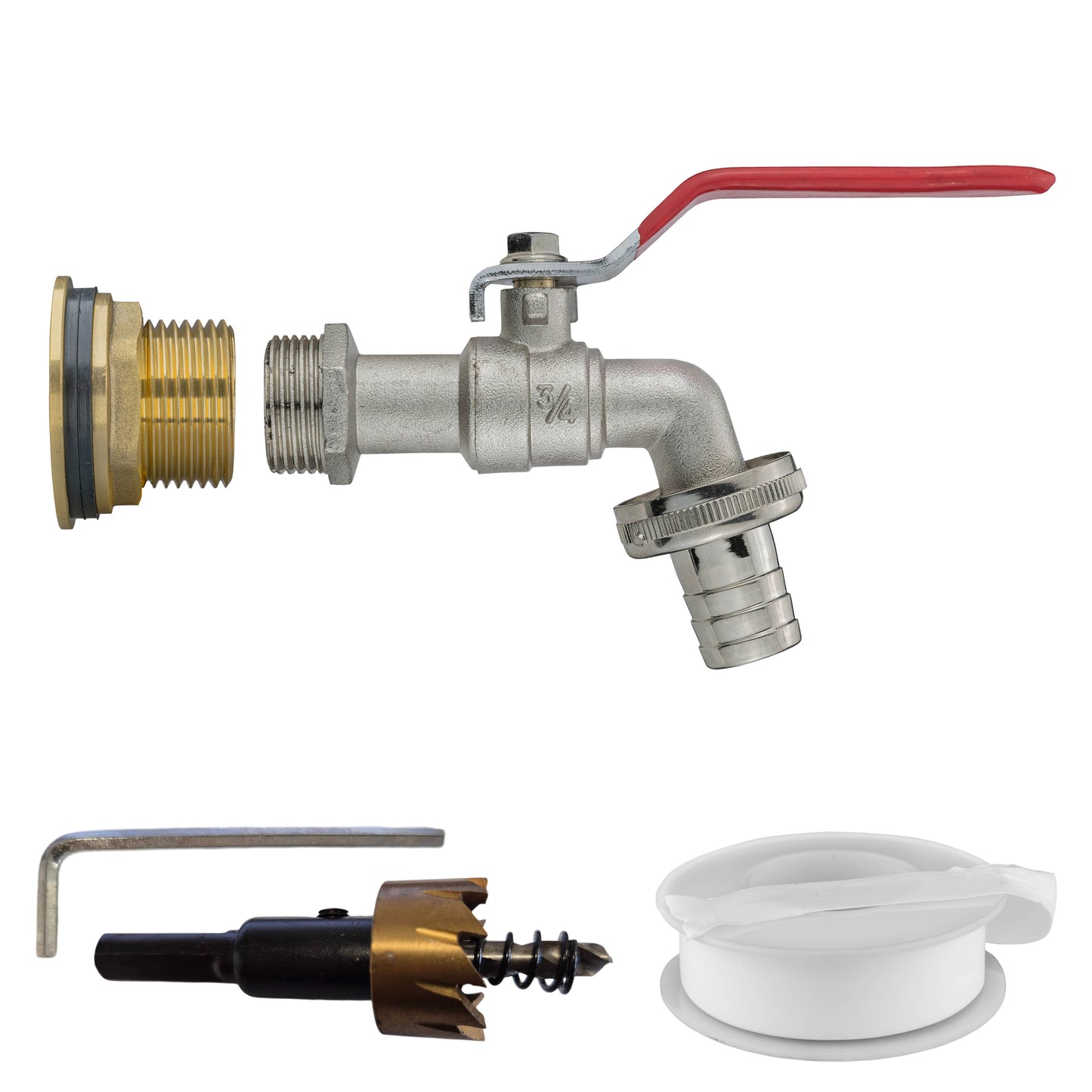 Water Butt Brass kit 1" tap with red lever handle and barbed outlet connector