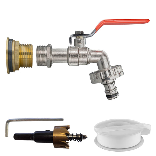 Water Butt Brass Kit 1" quick-connect lever tap with drill bit and seal cap