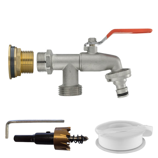 Water butt brass tap kit 1 in double tap with drill bit