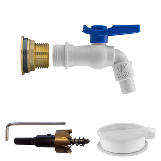 1" Wasserfass-Brass-Kit mit weißem PVC-Hahn, blauer Hebelarmatur und Bohrerspitze
