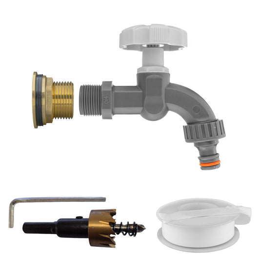 Water butt brass tap kit with grey dial, 1" BSP fitting and drill bit