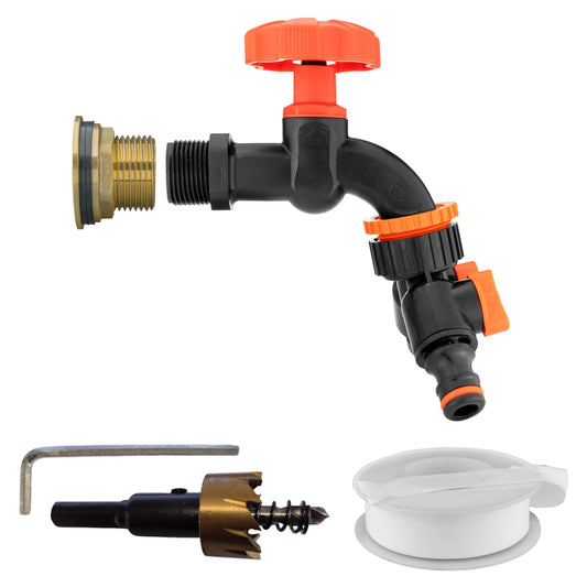 Water butt brass tap kit with black dial, orange handle, 2-way splitter and drill bit
