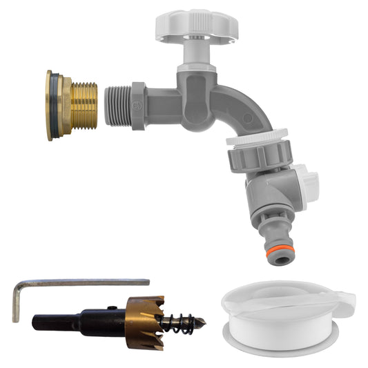 Brass water butt tap kit with grey dial, 1" BSP fitting, two-way splitter and drill bit