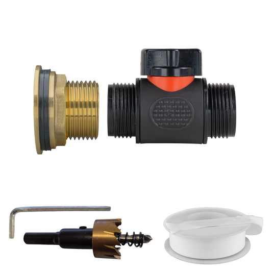 Brass water butt inline valve kit, 1" BSP male to 3/4" BSP, with drill bit